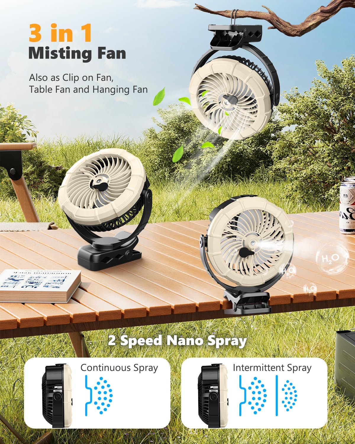 Ausic 3-in-1 Portable Clip on Fan with Misting & LED Lights & Hook, 100ML Baby Stroller Fan, 5200mAh Rechargeable Battery Operated & 360° Rotation & 3 Speeds for Table Outdoor Travel Camp Golf Cart