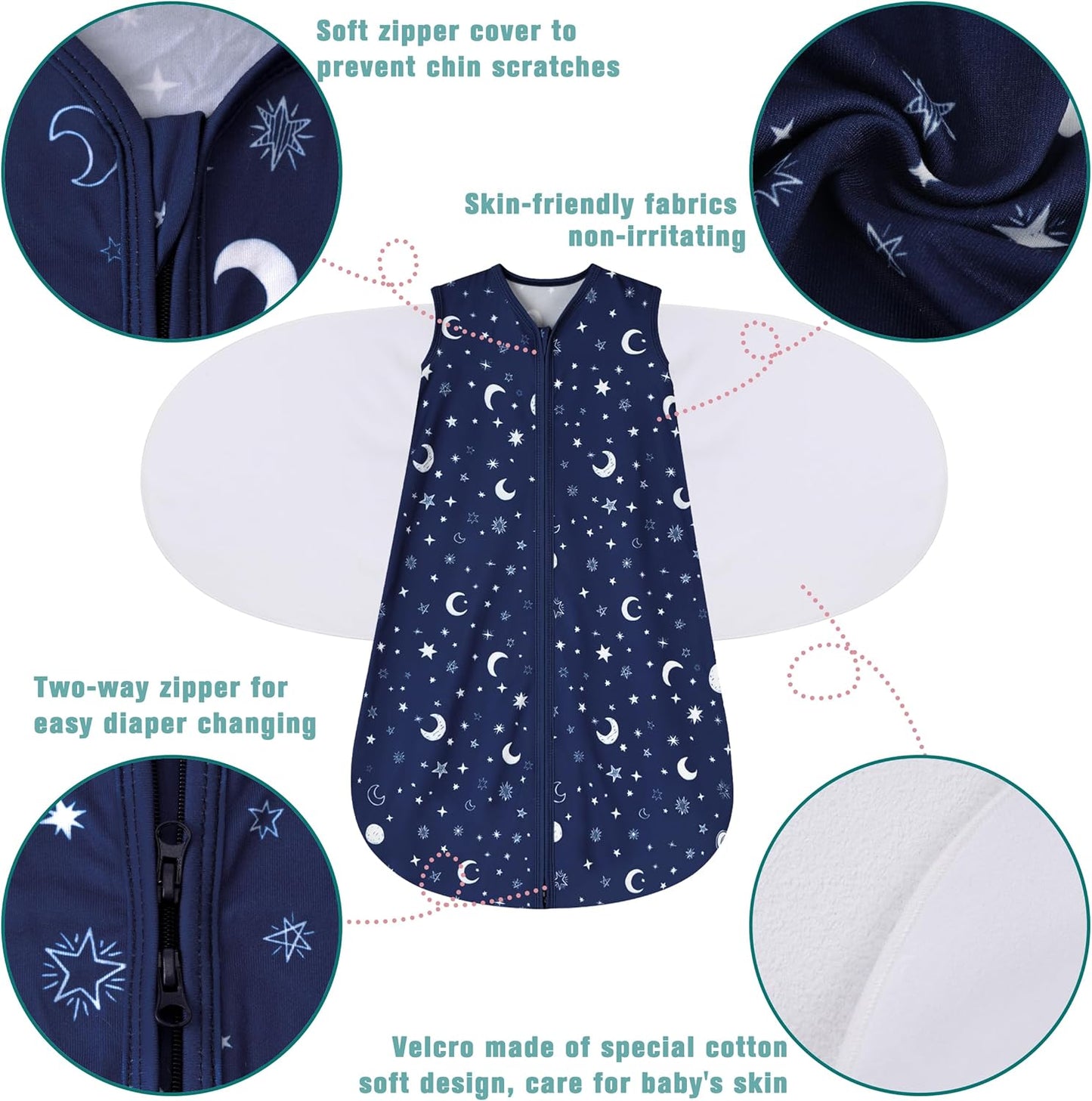 Newborn Sleep Sack Baby Swaddle,6-12 Months,3-Way Adjustable Wearable Blanket,100% Rayon Cotton Swaddling Sleeping Bag，TOG 0.5（Clouds&Starry Sky）