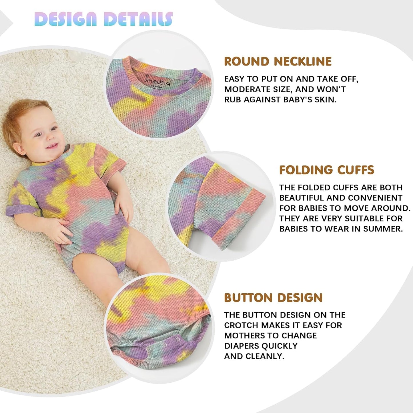 Jimonda Baby Bodysuit Newborn Tie Dye Clothes Infant Waffle One Piece Romper Baby Boys Girls Short Sleeve Jumpsuit Outfits