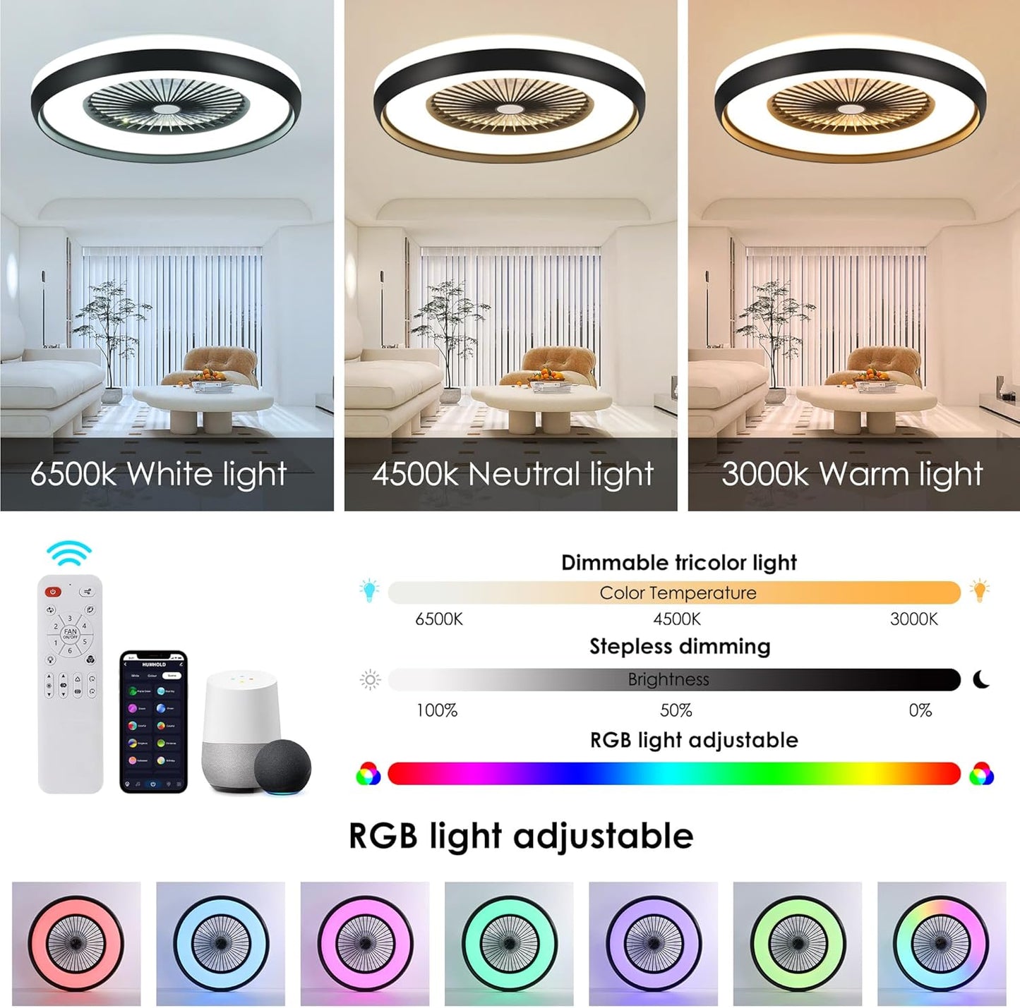 24" Bladeless Ceiling Fan with RGB Light Remote, Smart LED Ceiling Fans with Voice/App Control, Modern Low Profile Dimmable Light Ceiling Fan for Bedroom Living Room Black