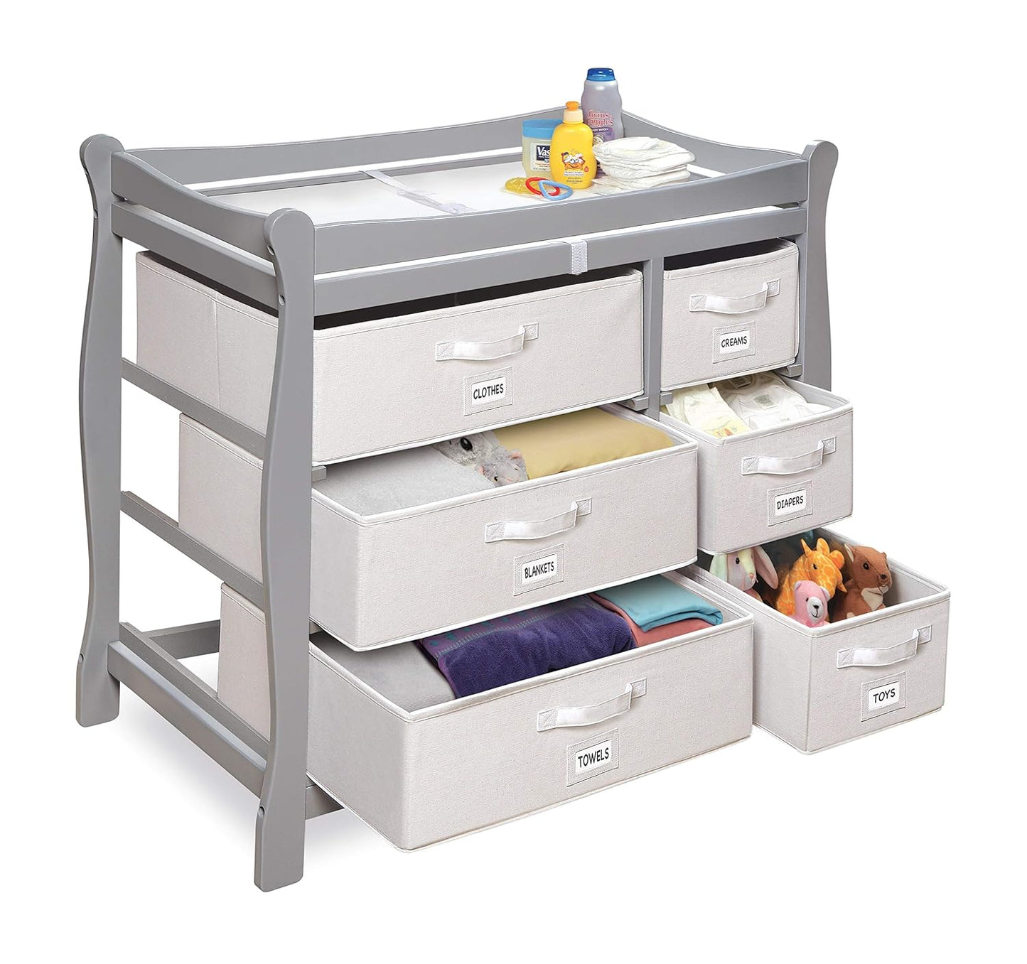 Badger Basket Sleigh Style Baby Changing Table - Diaper Station with 6 Removable Storage Baskets, Safety Rails, Pad, and Belt - Nursery Organizer - Gray/White