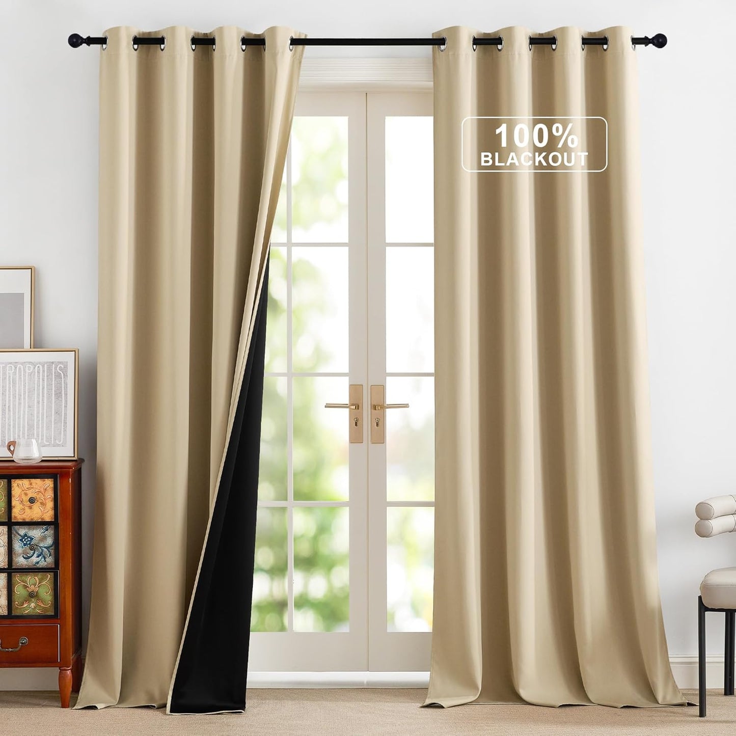 NICETOWN Full Blackout Curtains 96 inches Long for Living Room - Grommet Privacy Window Treatment Drapery Thermal Insulated Curtains for Bedroom, 1 Pair, 52W x 96L, Biscotti Beige