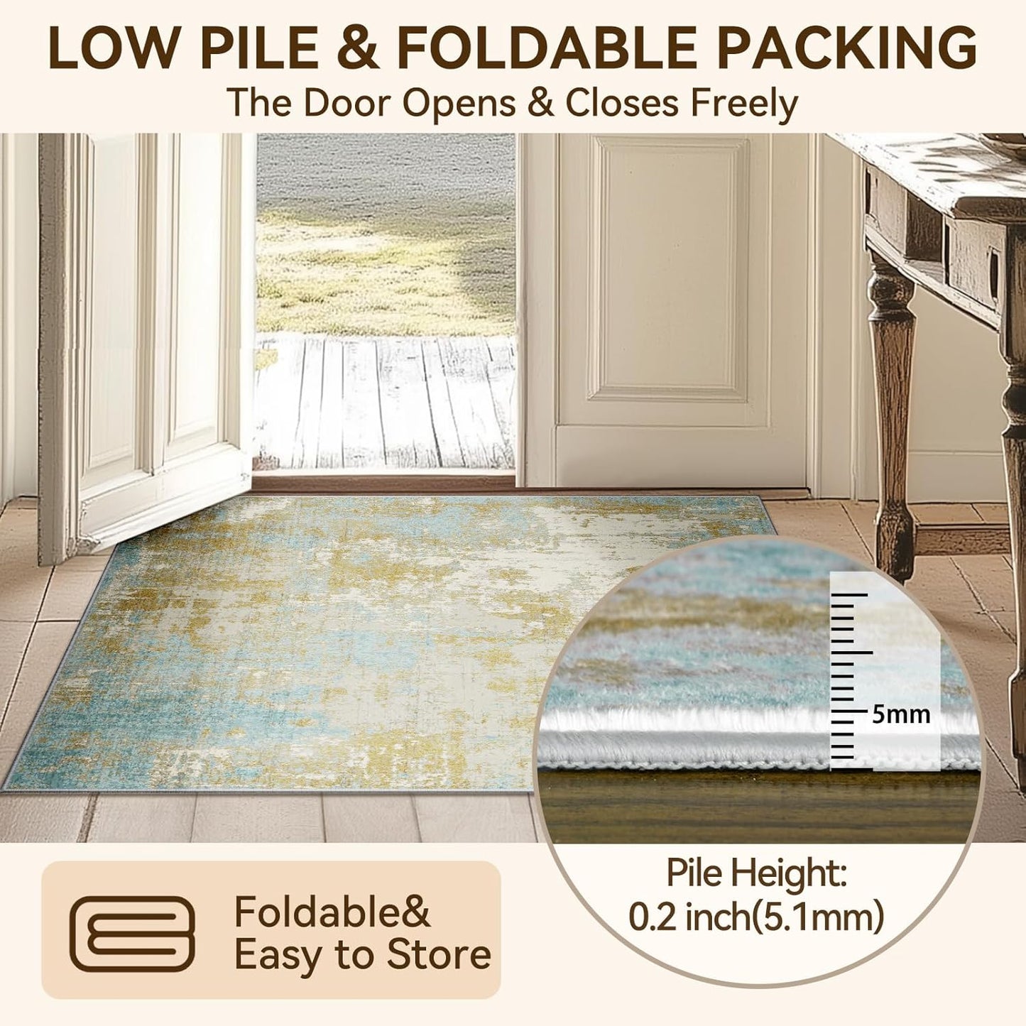 Washable Area Rugs 6'x9' Non-Slip Modern Abstract Soft for Living Room Entryway Bedroom Nursery, Print Pattern, Teal Blue Taupe