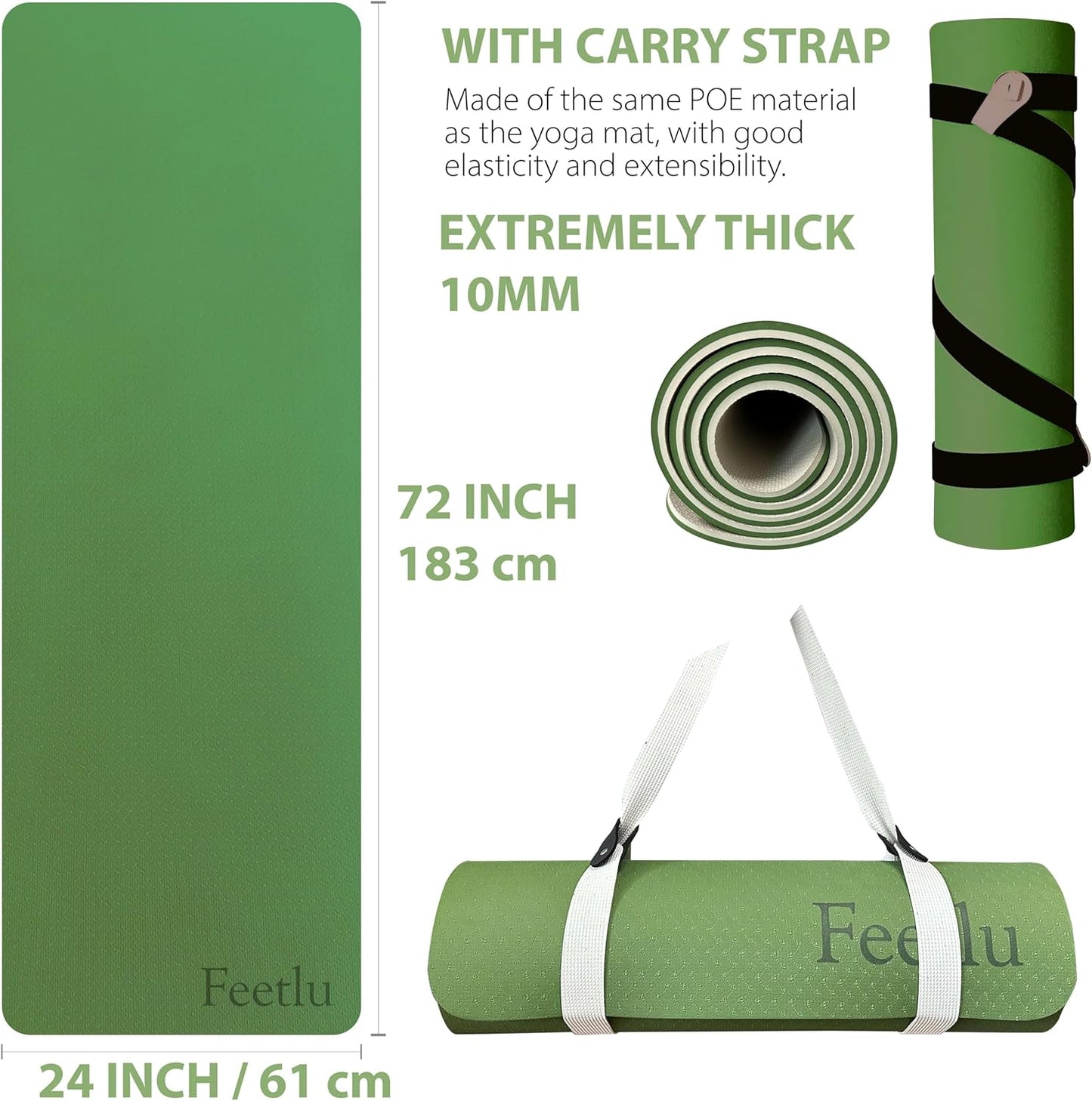 Extra Thick Exercise Yoga Mat with Strap - 2/5 Inch (10MM), Non-Slip Workout Mat for Yoga, Pilates, and Floor Exercises