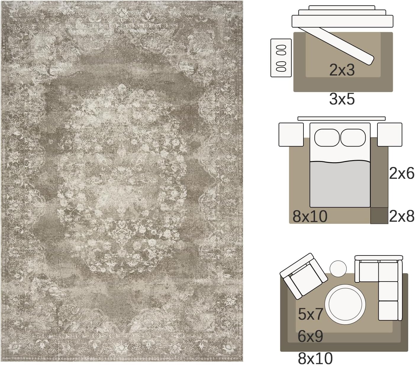jinchan Washable Area Rug 8x10 for Living Room - Soft Faux Wool Ultra-Thin Stain Resistant Non-Slip Distressed Vintage Floral Large Carpet for Bedroom,Dining Room,Home Office,Nursery(Brown, 8'x10')