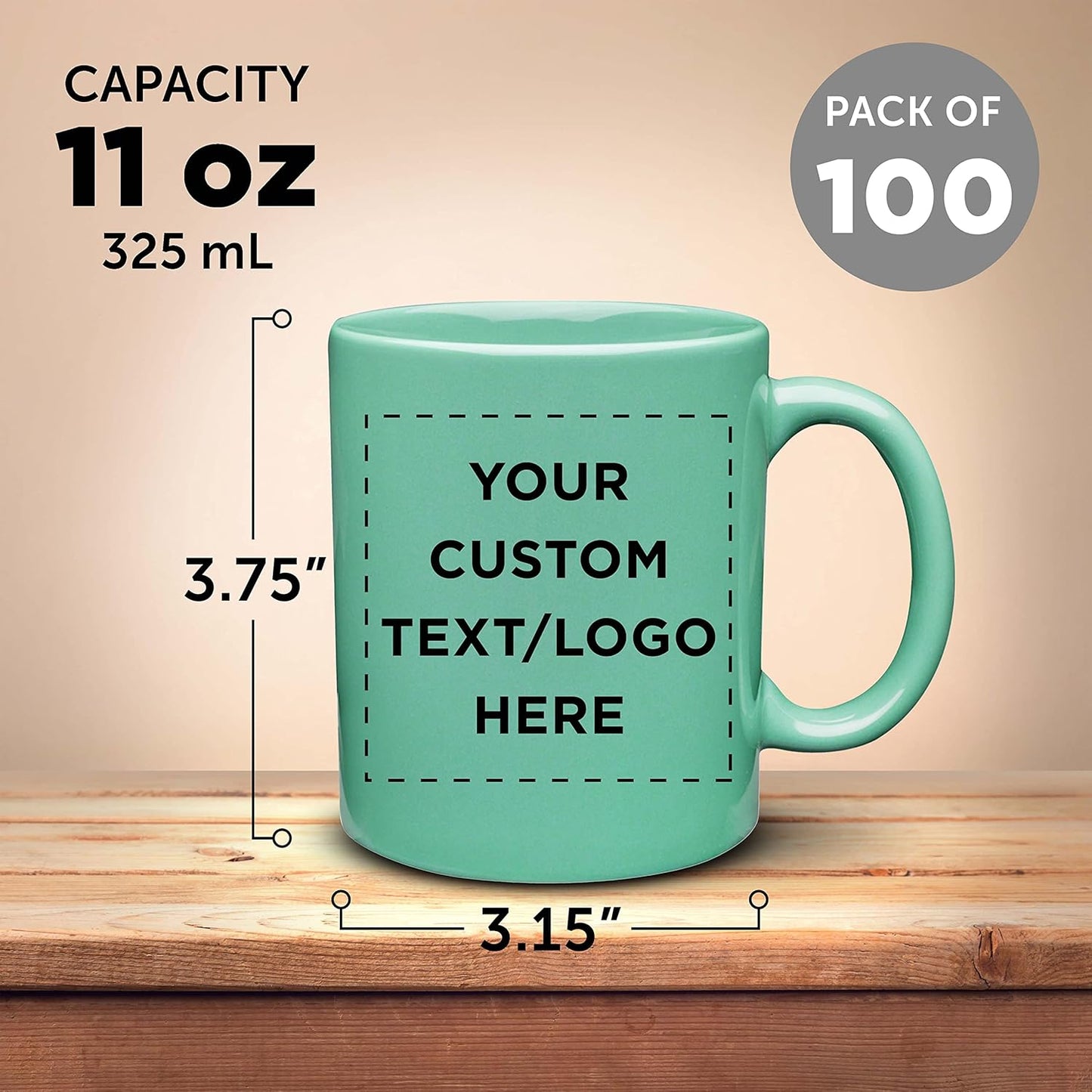 Custom Ceramic Coffee Mugs 11 oz. Set of 100, Personalized Bulk Pack - Coffee cup set, Iced coffee cup, Gaming mug - Teal
