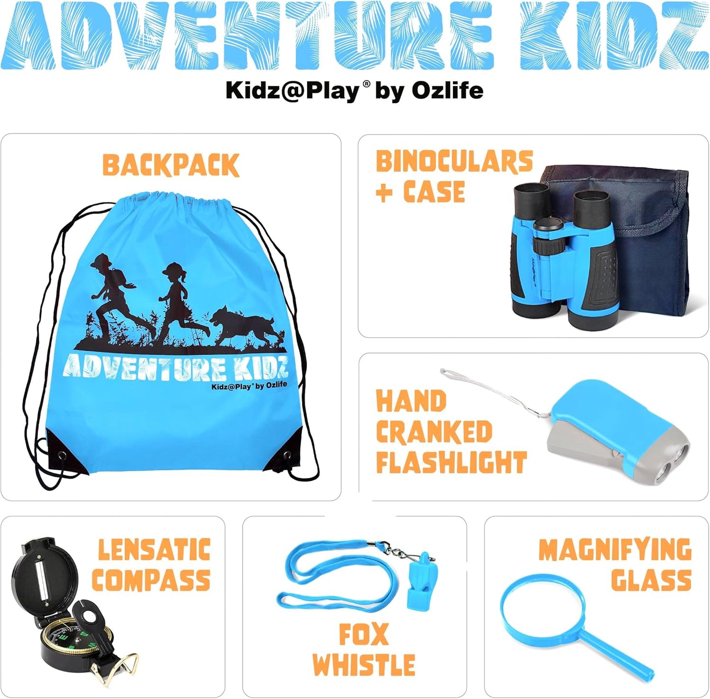 Adventure Kidz - Outdoor Exploration Kit, Children’s Toy Binoculars, Torch, Compass, Whistle, Magnifying Glass, Backpack. Great Kids Gift Set for Camping, Hiking, Educational and Pretend Play.