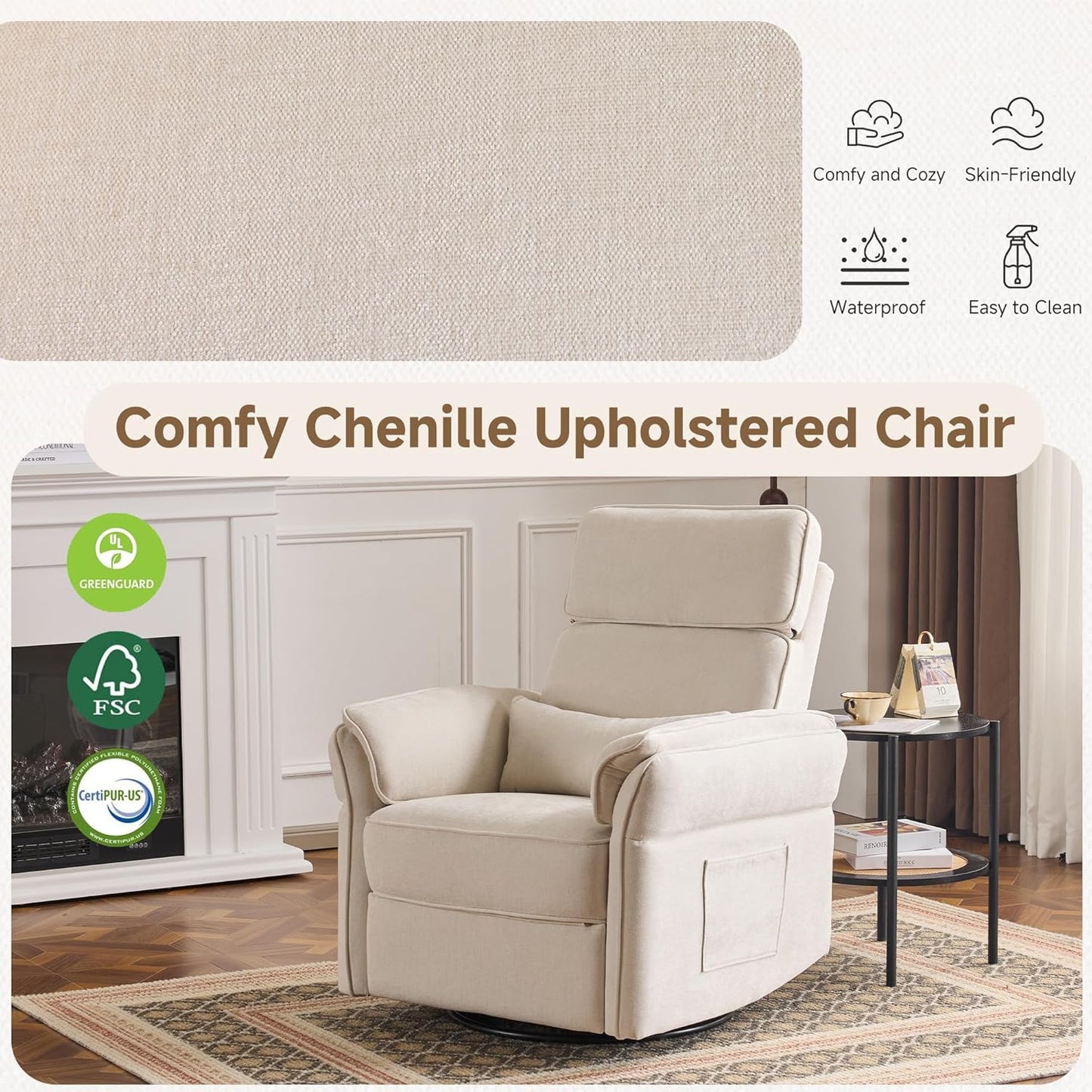 MELLCOM Power Recliner Rocking Chair Nursery Gliders with Adjustable Armrests and Headrest, Swivel Electric Glider Reclining Nursing Chair with USB Port and Storage Bags, FSC Certified