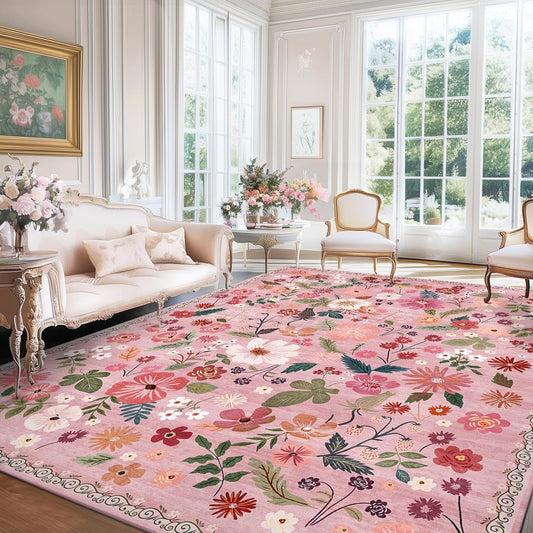 Nursery Rug 8x10 Pink Floral Rugs Boho Washable Retro Aesthetic Low Pile Non Slip Stain Resistant Large Area Rug for Girls Bedroom Living Room Dining Room Kids Playroom College Dorm Carpet