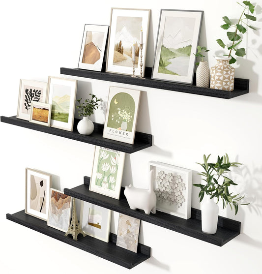 Fun Memories Floating Shelves Wall Mounted 36 Inch Long, Black Picture Shelves for Wall with Ledge, Solid Wood Wall Shelves with Lip Set of 4 for Bedroom, Kitchen, Bathroom