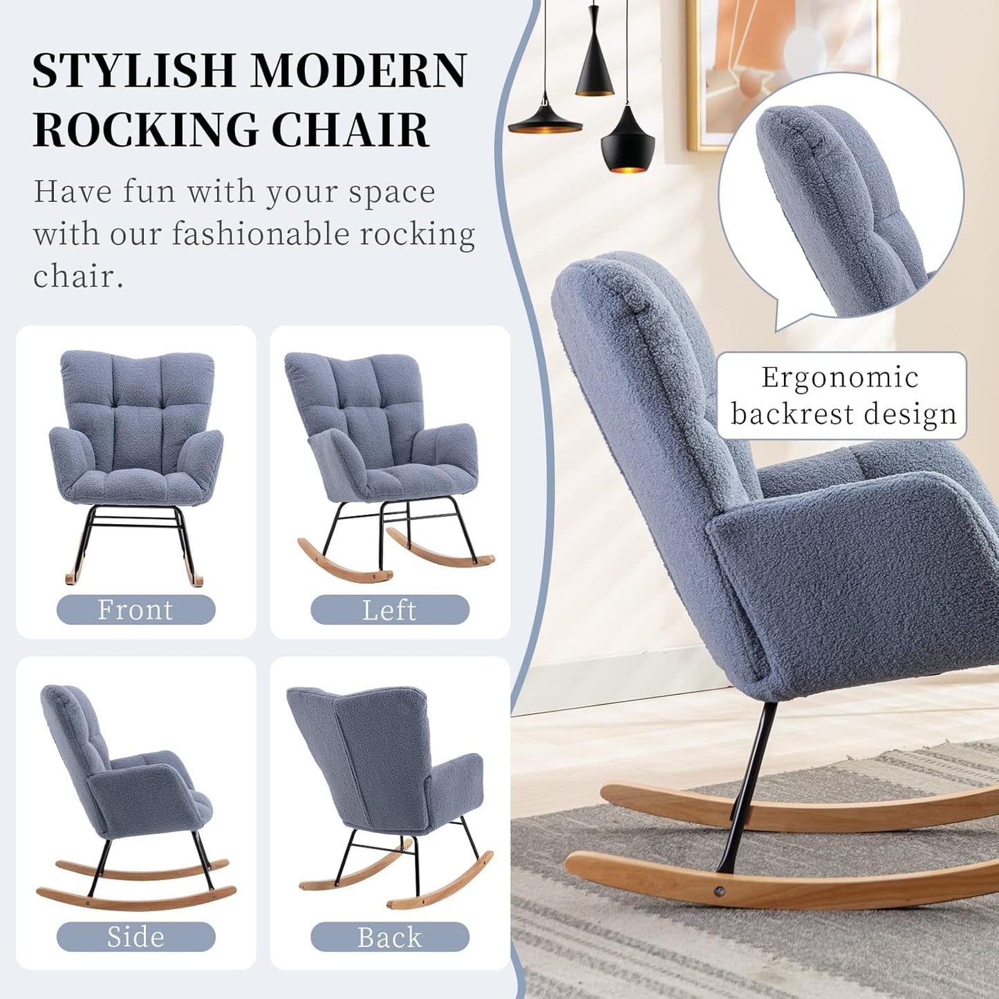 NIOIIKIT Nursery Rocking Chair Teddy Upholstered Glider Rocker Rocking Accent Chair Padded Seat with High Backrest Armchair Comfy Side Chair for Living Room Bedroom Offices (Light Blue)