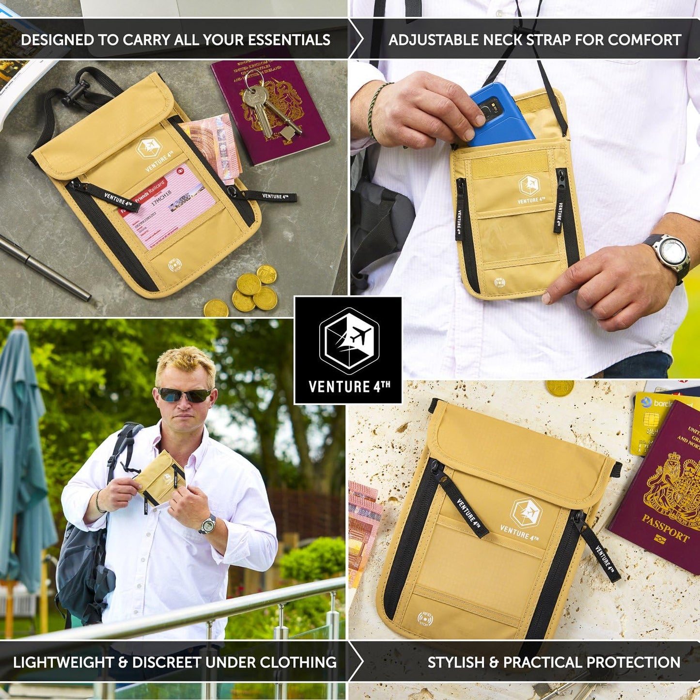 VENTURE 4TH Passport Holder Neck Wallet with RFID Blocking Nylon Lining - Hidden Neck Pouch for Travel (Beige)