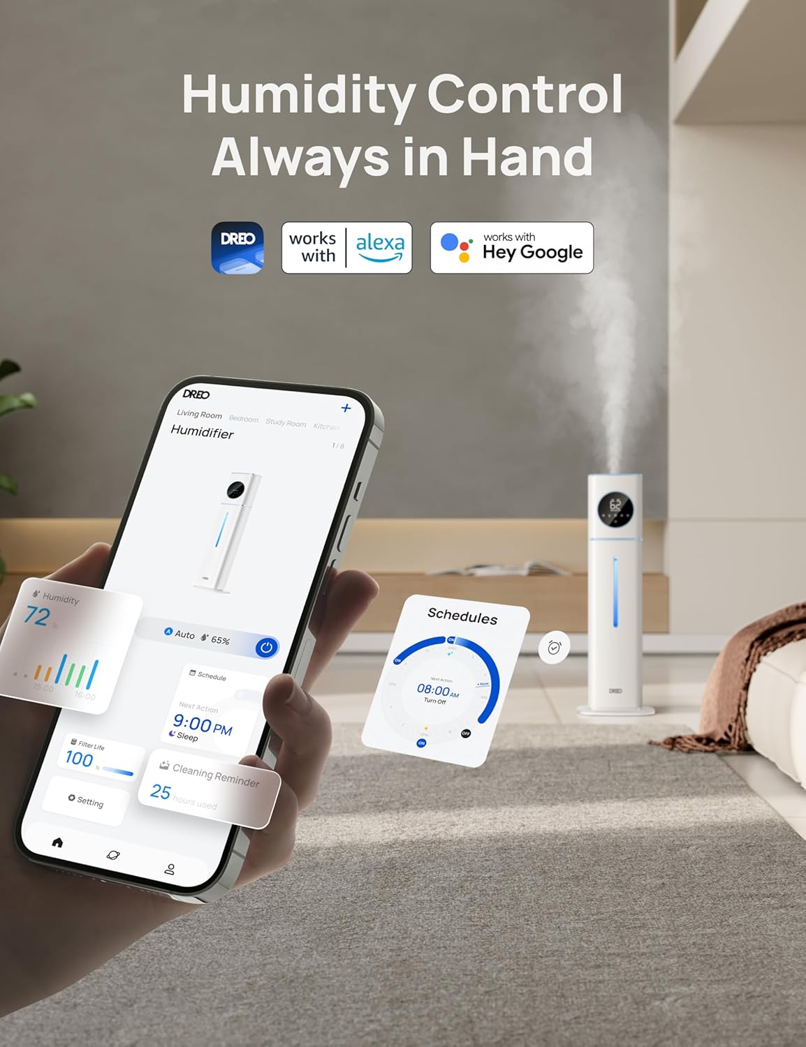 Dreo 11L Smart Humidifier Large Room 700 ft², 100H Cool Mist Air Humidifiers for Bedroom, Top-Fill Self-Cleaning Tank, 26dB, Auto Mode, Aroma Box, RGB Light, Remote & APP Control, Baby, Plant, Blue