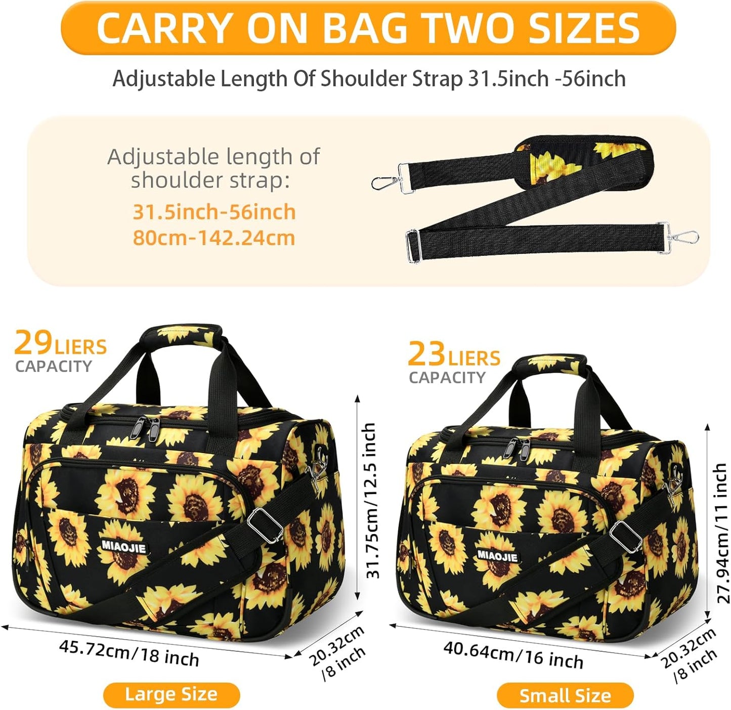 Underseat Carry On Luggage Lightweight Travel Tote Weekender Bag Overnight Duffle Bag for Travel, Travel Essentials Personal Item Travel Bag for Women and Men, Sunflower-16Inch