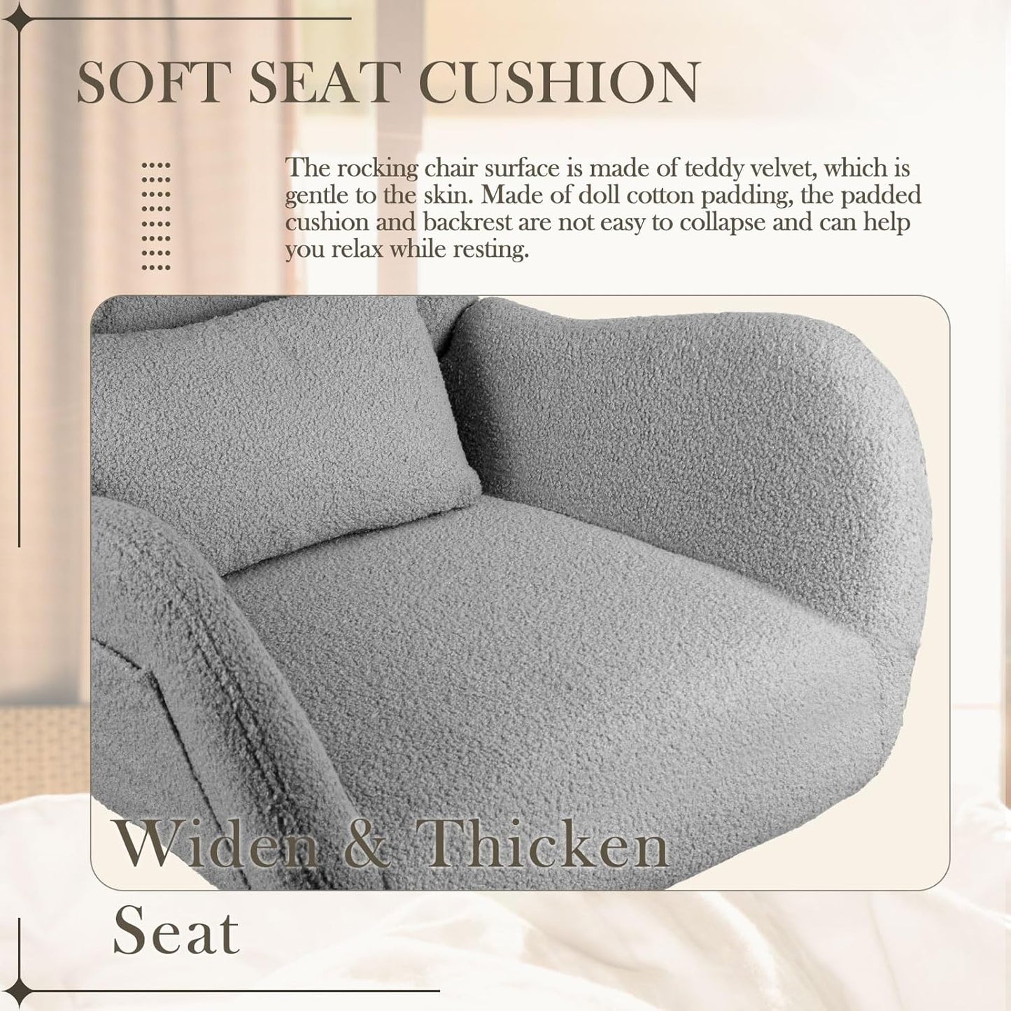 Waleaf Teddy Upholstered Rocking Chair Indoor with High Backrest Glider, Padded Seat Nursing Chair Comfy for Bedroom (Gray)