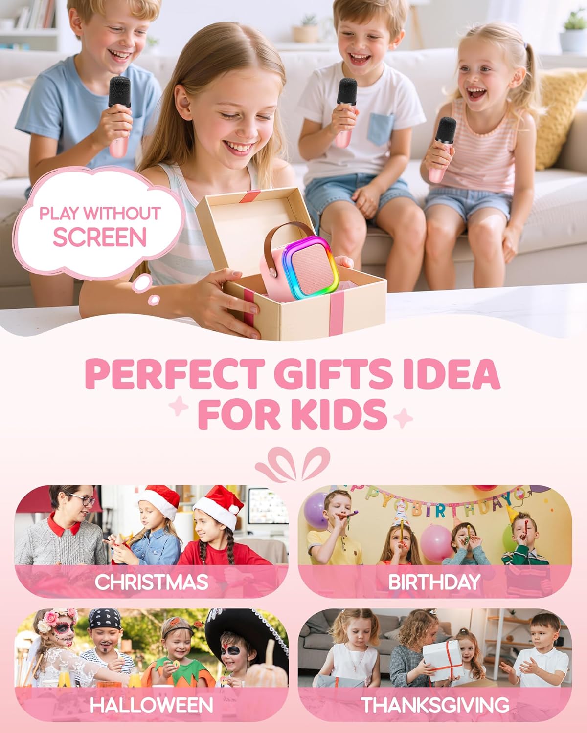 IROO Mini Karaoke Machine for Kids, 2025 TOP Toys Birthday Gifts Ideas for Girls Ages 4, 5, 6, 7, 8, 9, 10, 12+ Years Old, Portable MP3 Player with 3 Wireless Mics for Party