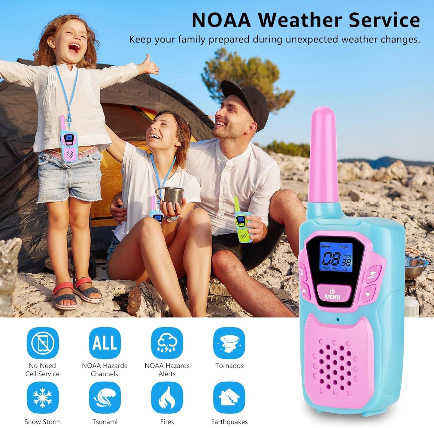 Walkie Talkies for Kids Long Range Walkie-Talkie for Adults Rechargeable 4 Pack with Lanyard 4 Miles NOAA USB, Family Pink 2 Way Radio Toys for 3-12 Year Old Boys Girls Toddlers Camping Skiing