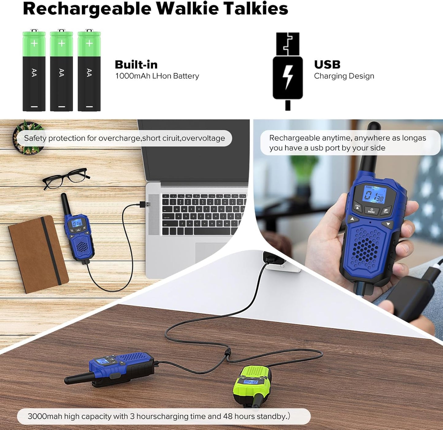 Walkie Talkies for Adults- WokTok Long Range Two Way Radio for Camping Hiking Hand Held Hiking Accessories Camping Gear Xmas Birthday Gift for Kids,SOS Siren,NOAA Weather Alert,3 Radios