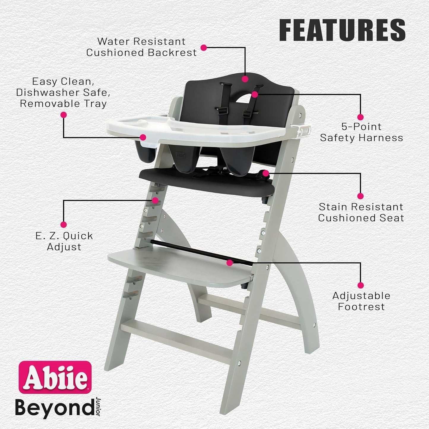 Abiie Beyond Junior Wooden High Chair with Tray - Adjustable and Convertible High Chair for Babies and Toddlers - 6 Months to 250 Lb - Water Resistant - Misty Grey Wood with Black Pearl Cushion