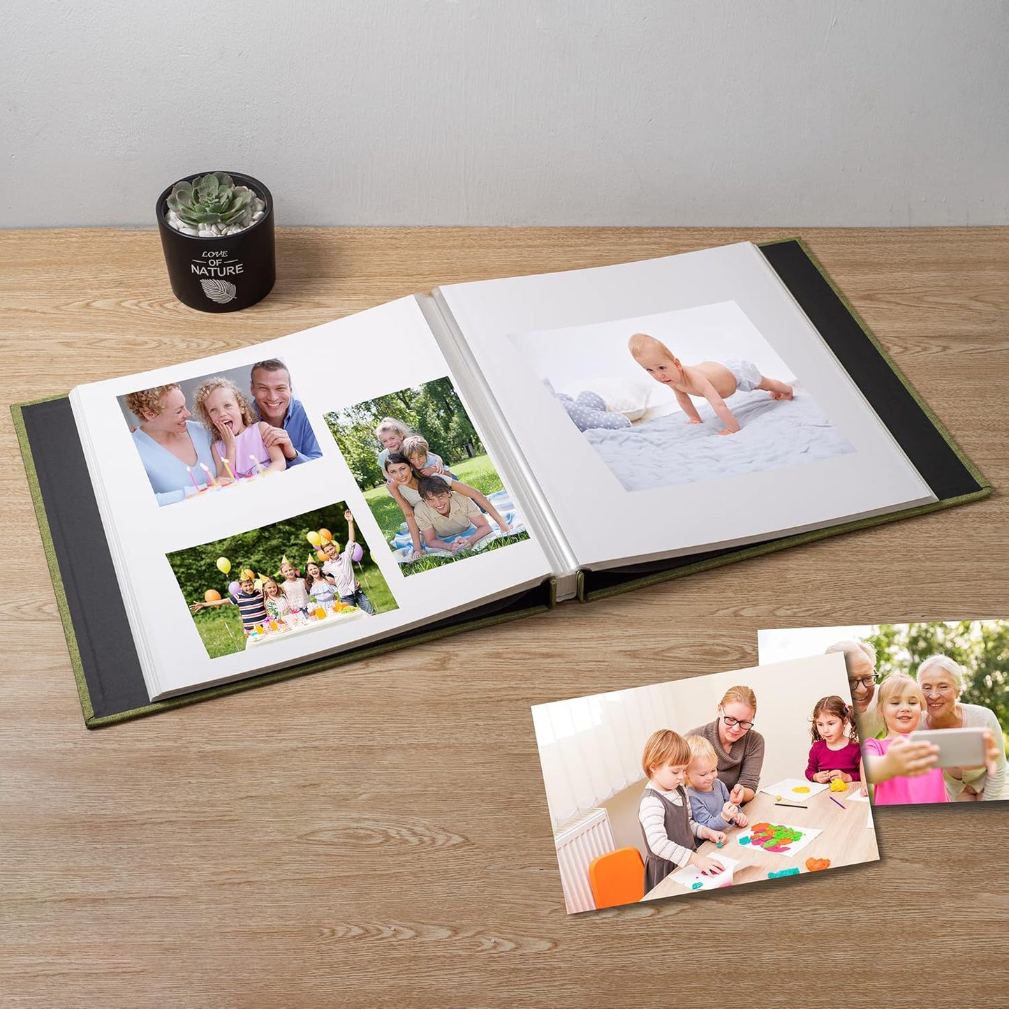 Large Photo Album Self Adhesive Scrapbook Album for 4×6 8×10 Pictures DIY Magnetic Linen Cover Album 60 Pages for Family Wedding Gifts with Metal Pen and Plastic Board