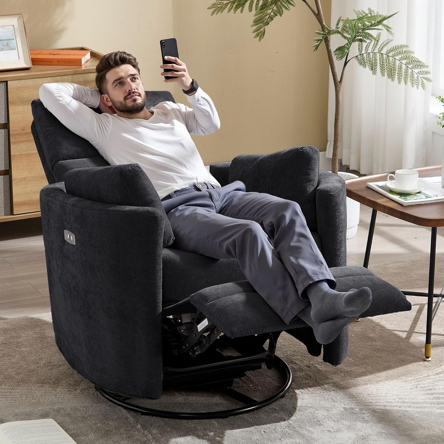 Recliner Swivel Glider Electric Rocking Chair with USB Port,Multifunction Upholstered Power Recliner Rocking Chair for Living Room Bedroom Nursery Adult with 2 Pillows(Black, Power-Driven)