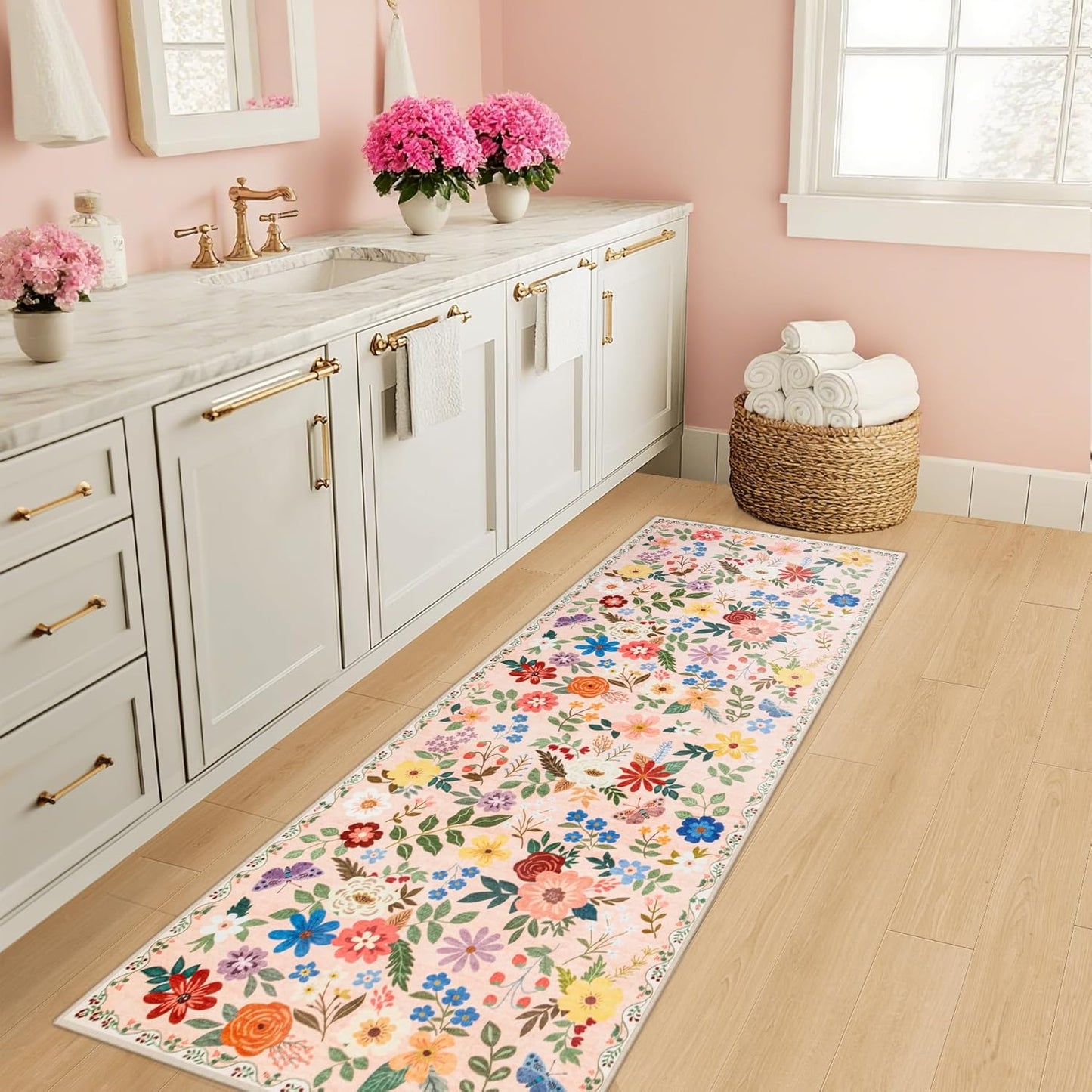Runner Rug for Entryway: 2.6x8 Kitchen Rugs Non Slip Washable Ultra-Thin Soft Floral Carpet Indoor Floor Stain Resistant Carpets for Hallway Bedroom Kitchen Laundry Bathroom Dorm Beige