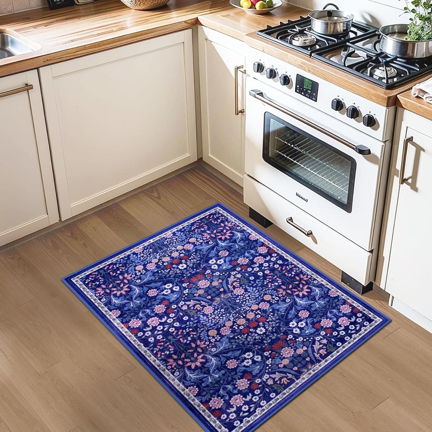 Entryway Rug 2X3 Small Rugs: Floral Washable Door Mat Vintage Soft Low Pile Non-Slip Kitchen Rugs Stain Resistant Indoor Throw Rug for Entrance, Bedroom, Kitchen, Laundry, Bathroom Blue