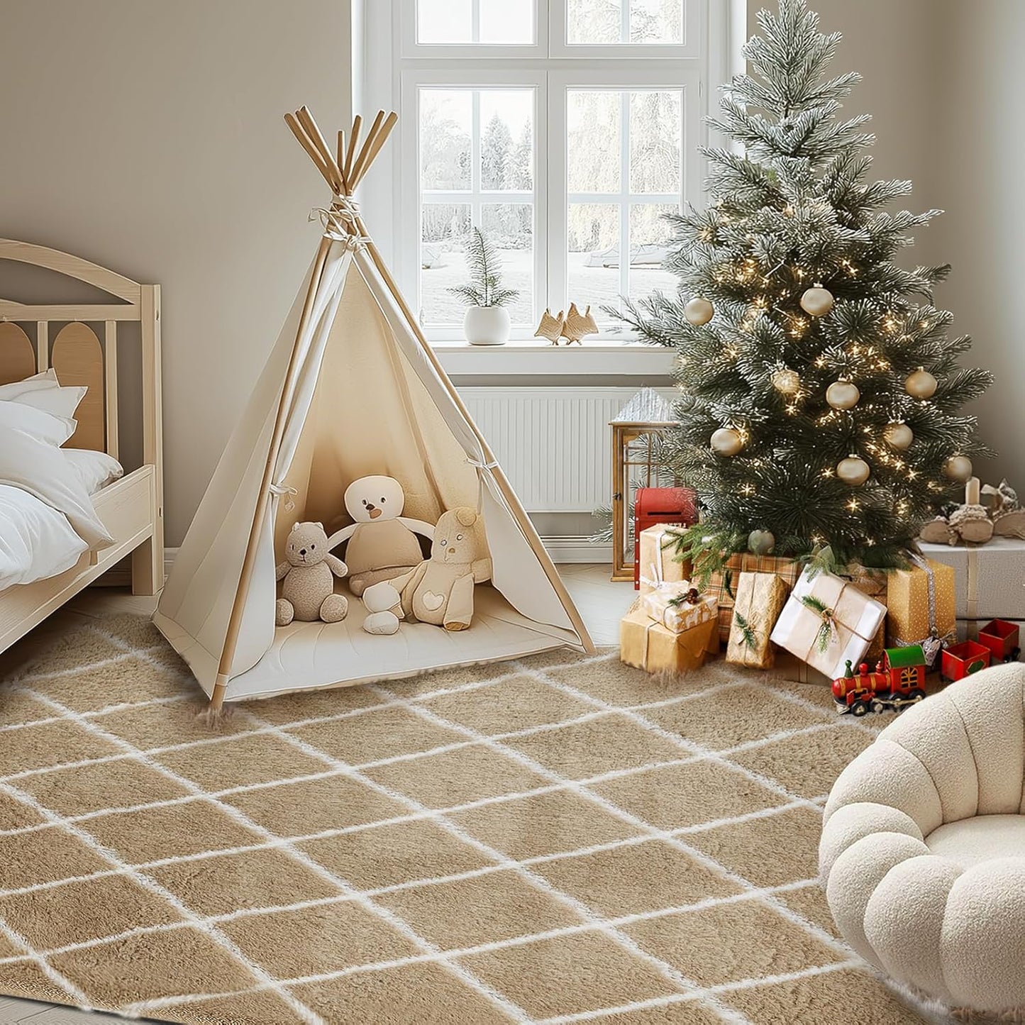 Fluffy Rug for Bedroom, 8X10Feet Stripe Checkered Rug Anti-Skid High Pile for Living Room Bedroom Kids Room Nursery, Dorm Home Decor