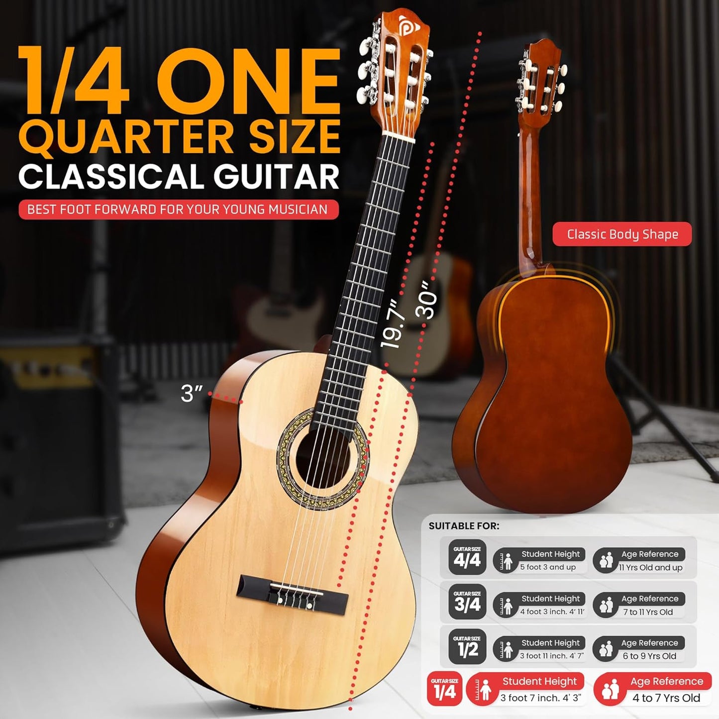 Pyle Beginner Acoustic Guitar Kit, 1/4 Junior Size All Wood Instrument for Kids, Adults, 30" Natural Ash