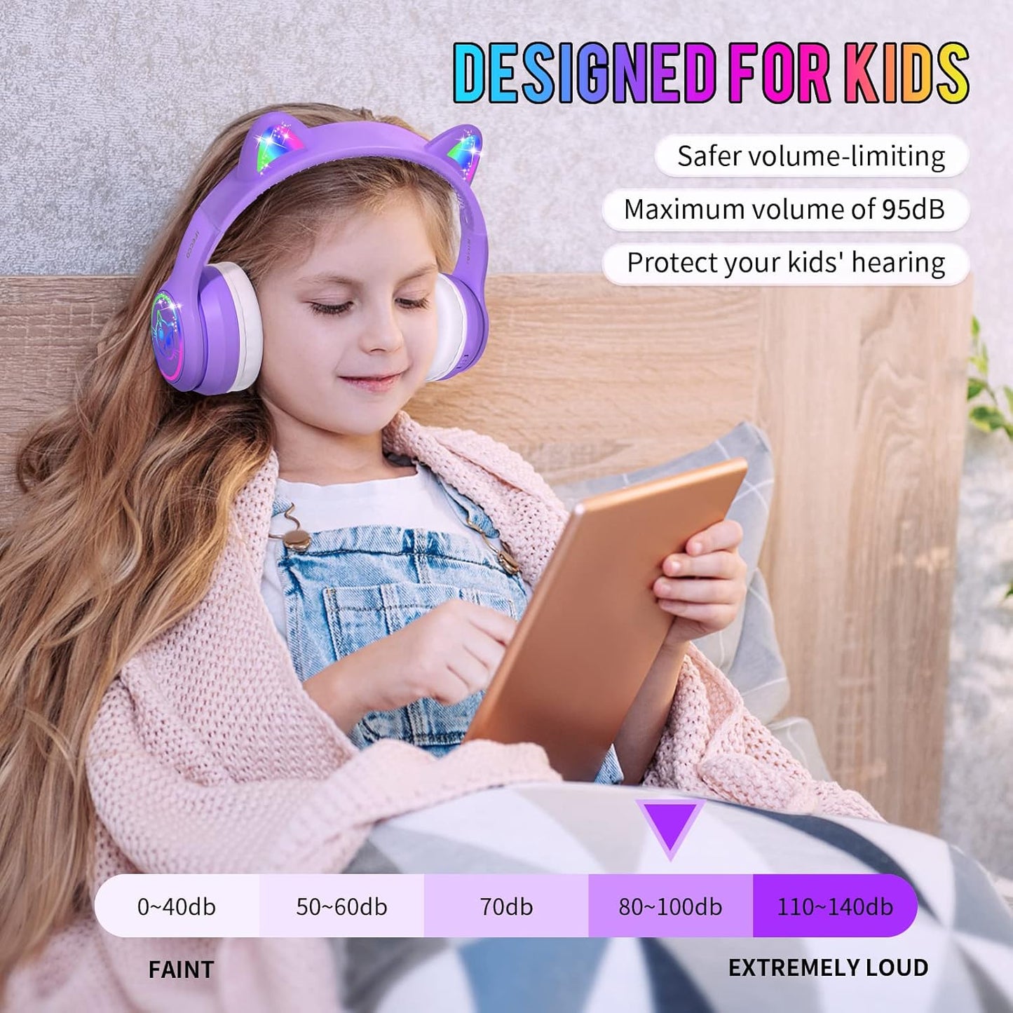Kids Headphones with Microphone Light Up Cat Ear Bluetooth Wireless Headset Volume-limiting for Girls Boys for School Gifts with Case (Purple)