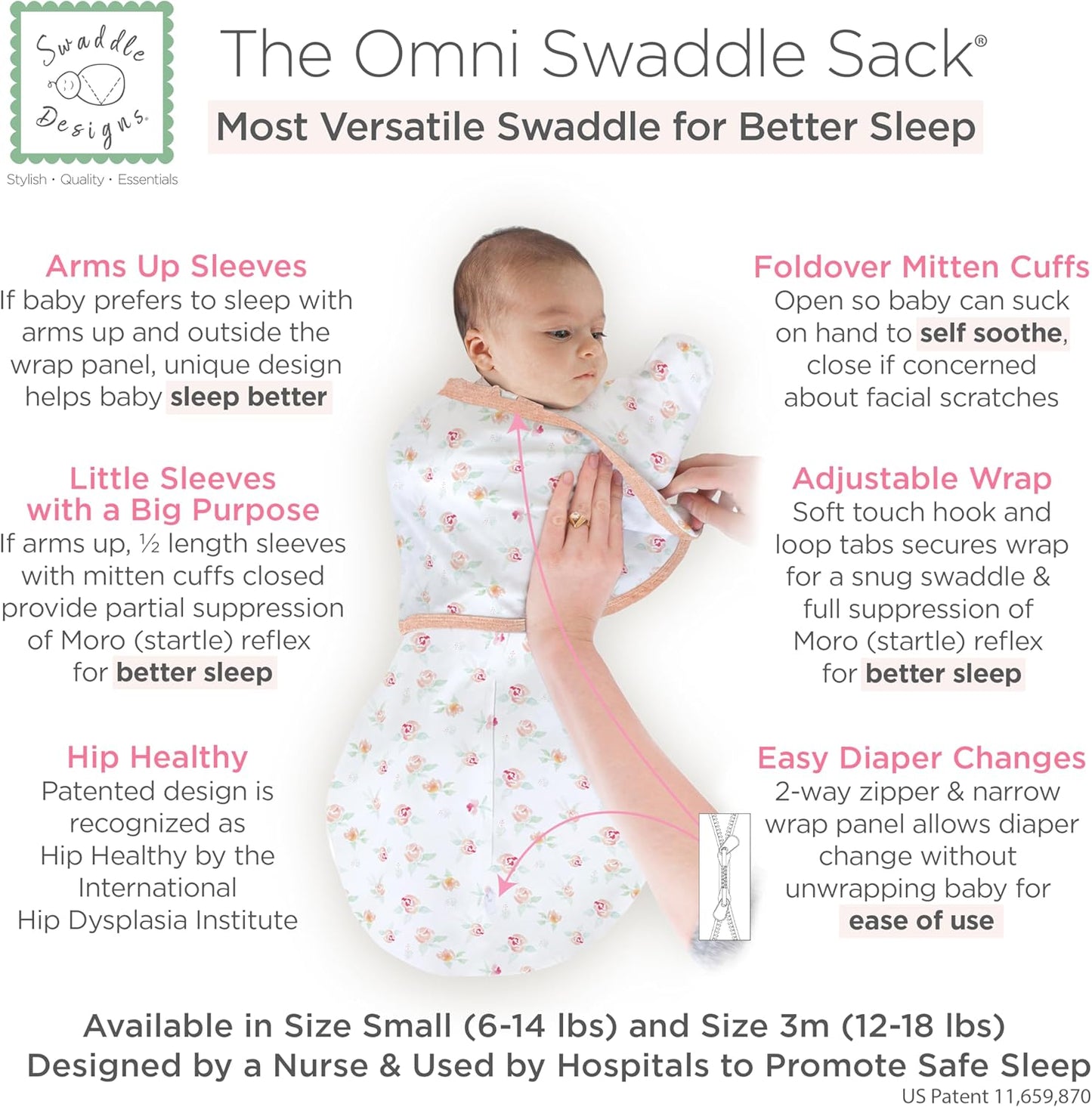 SwaddleDesigns 6-Way Omni Swaddle Sack Arms Up Swaddle for Newborn, More Options to Calm Startle Reflex, Improves Sleep