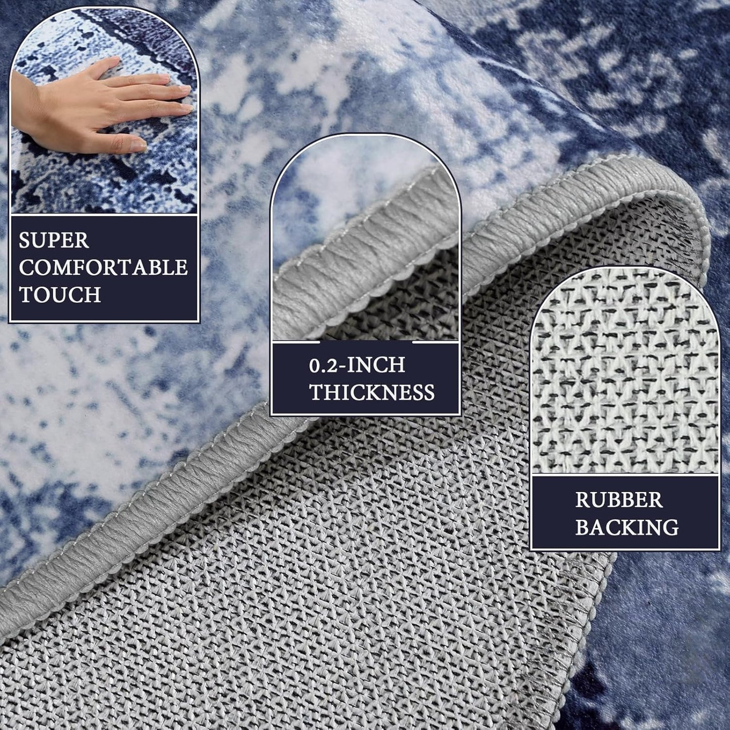 LOCHAS Rug for Living Room, Washable Soft Area Rugs for Bedroom 8x10, Abstract Carpet for Indoor Office Kids Dining Room Nursery Floor, Blue Geometric Vintage Home Decor, Non Slip, Pet Child Friendly