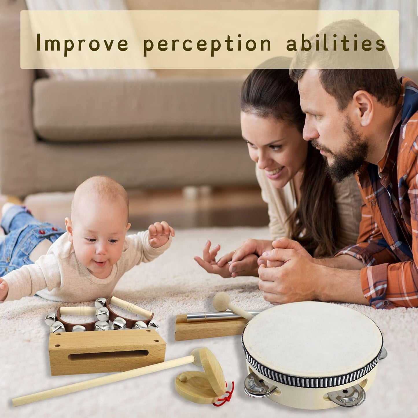 VINJOE Wooden Music Set–Kids Musical Instruments Toys, Natural Wood Percussion Instruments Toy for Kids Preschool Education Baby Musical Toys Instrument Set for Toddlers Best Gifts for Christmas