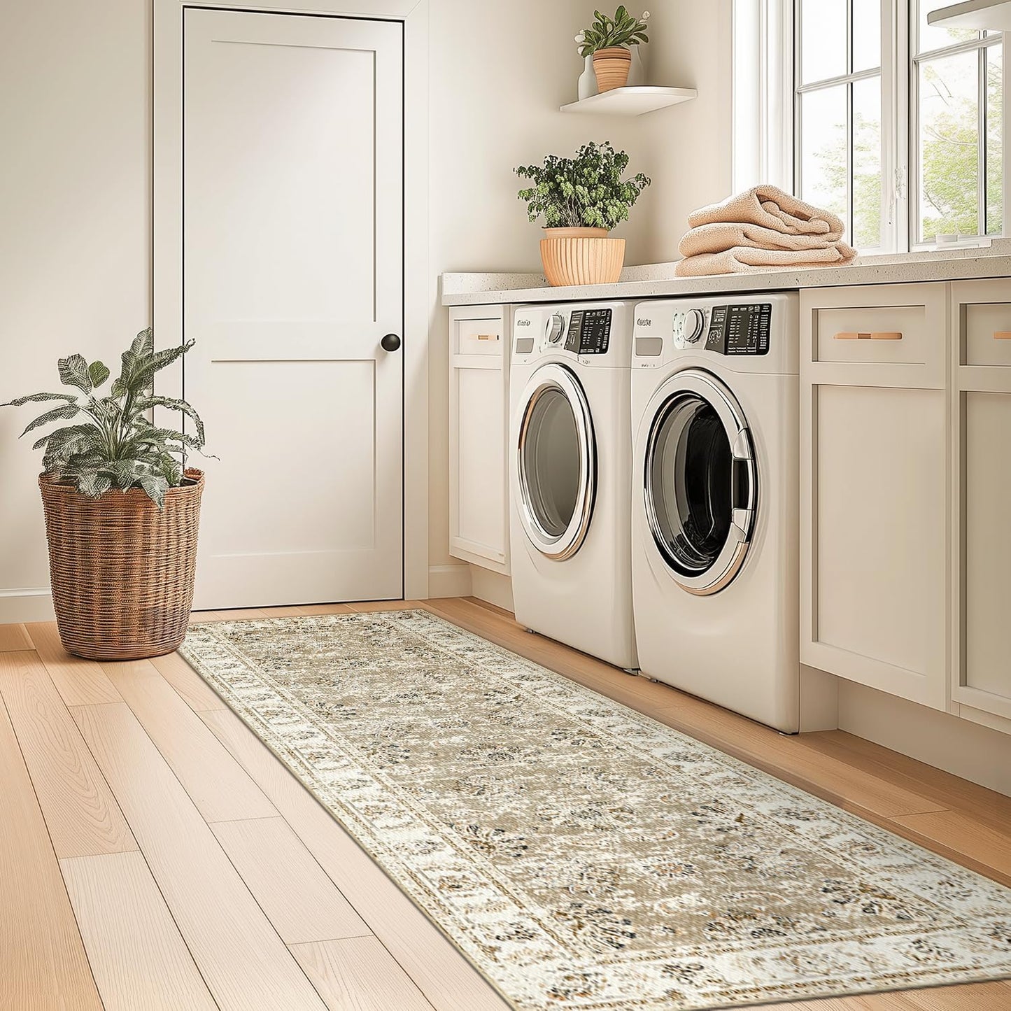 jinchan Runner Rug 2x6 Machine Washable Hallway Rug Taupe Vintage Floral Print Non-Slip Low Pile Ultra-Thin for Kitchen,Entryway,Laundry Room,Bedroom,Farmhouse (2‘x6’,Taupe)