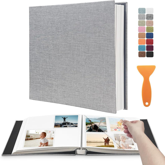 Large Photo Album Self Adhesive Scrapbook Album for 4×6 5×7 8×10 Pictures DIY Magnetic Linen Cover Album 60 Pages for Family Wedding Gifts with Metal Pen and Plastic Board