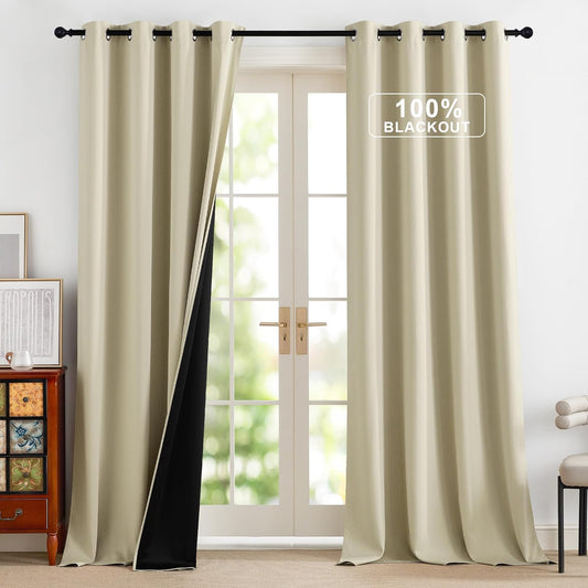 NICETOWN Blackout Curtains for Bedroom, Grommet Privacy 100% Blackout Drapery 96 inches Length Thermal Insulated Curtains for Living Room, 2 Panels, 52W x 96L, Cream