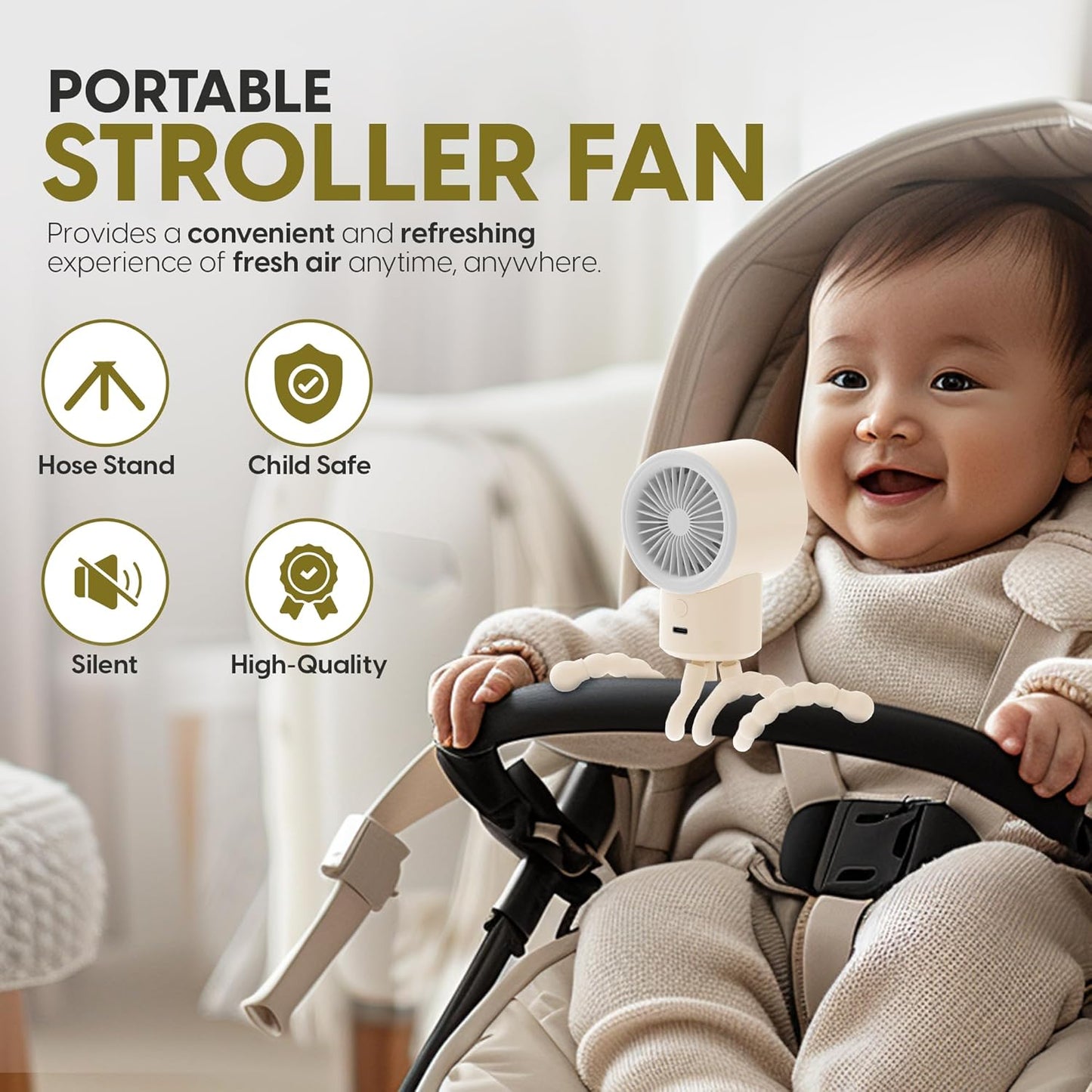 Portable Mini Travel Stroller Fan - Battery Operated, Clip On, Small, Handheld, Rotating, Rechargeable, Personal Fan with Flexible Tripod, 3 Speeds for Baby Crib, Bed Car, Seat Treadmill
