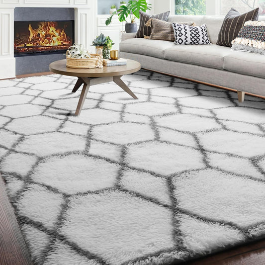 ONASAR 8x10 Area Rugs for Living Room, Washable Fluffy White and Grey Rug for Bedroom, Geometric Moroccan Indoor Shaggy Boho Soft Plush Floor Carpet for Kids Teen Nursery Dorm Home Decor Aesthetic