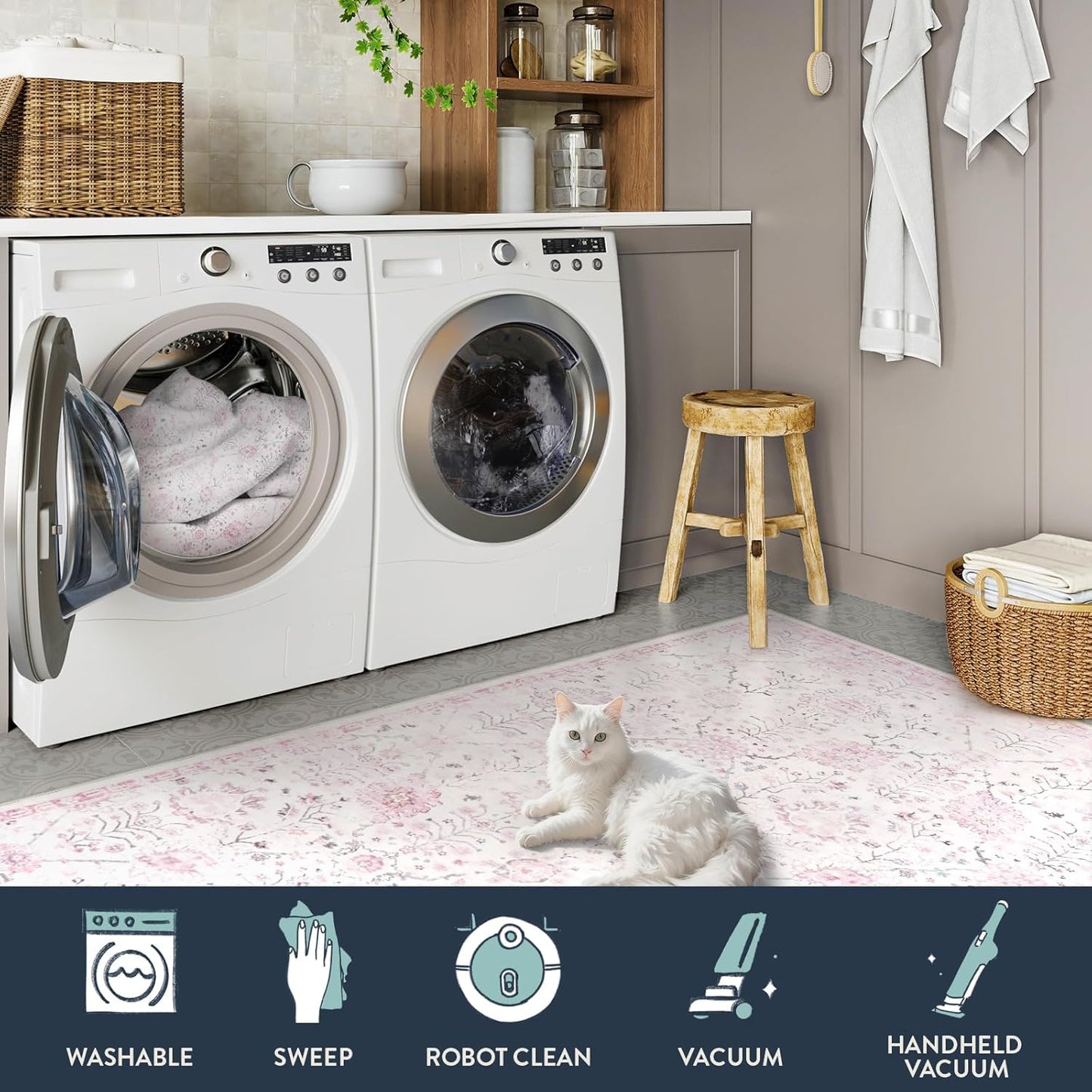 Lahome Nursery Rug 5x7, Soft Kids Rugs for Cozy Bedroom, Washable Boho Purple Carpet for Toddlers Girls Room, Non Shedding Non Slip Pastel Floral Print Thin Simple Carpets