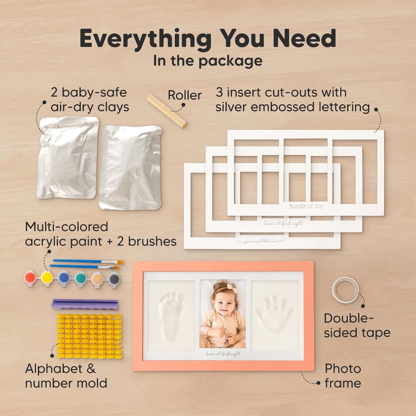 Baby Hand and Footprint Kit - Clay Handprint Keepsake Frame, Newborn Nursery Picture Frame, Personalized New Mom Gifts for Baby Shower & Registry (Salmon)