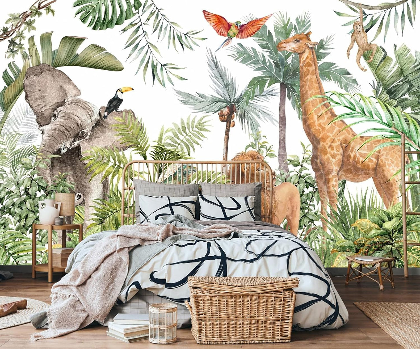 Kids Safari Giraffe Wallpaper Tropical Palm Tree Jungle Forest Plants and Animals Wall Mural for Nursery Living Room Bedroom Dining Room Basement(Not Self-Adhesive)