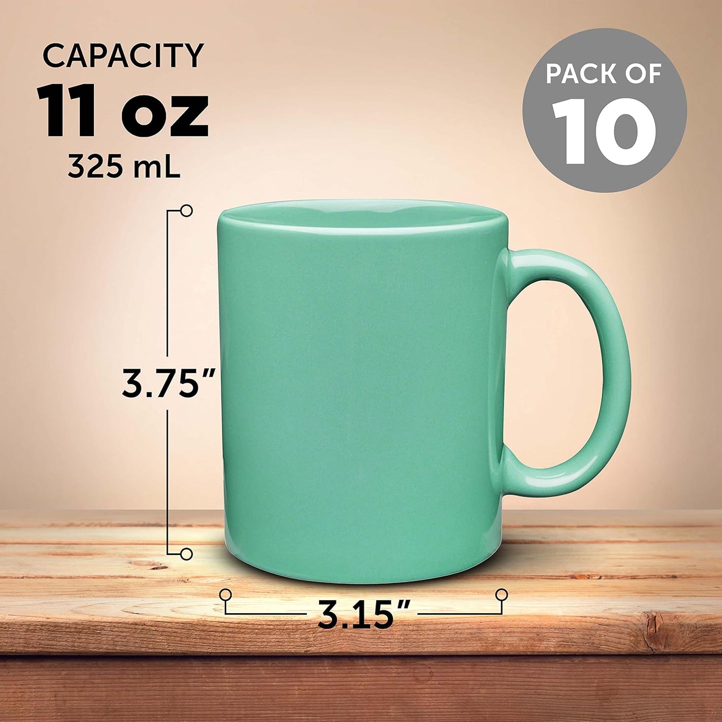 DISCOUNT PROMOS Ceramic Coffee Mugs 11 oz. Set of 10, Bulk Pack - Coffee cup set, Iced coffee cup, Gaming mug - Teal
