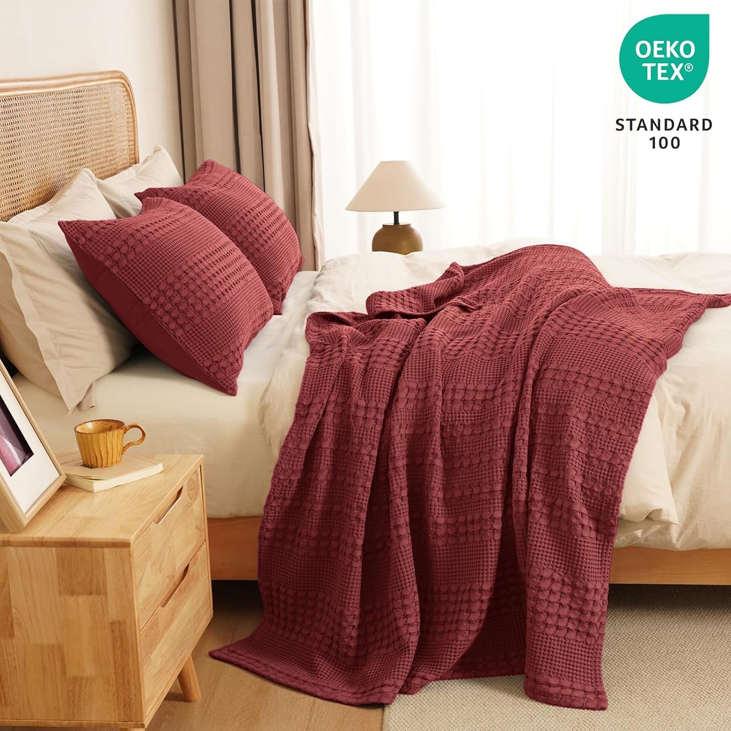 PHF 100% Cotton Waffle Weave Throw Blanket, Soft Lightweight Breathable Cozy Summer Throws for Couch Bed Sofa, Luxury Aesthetic Woven Blanket for Home Decor & Office, 50"x60", Wine Red