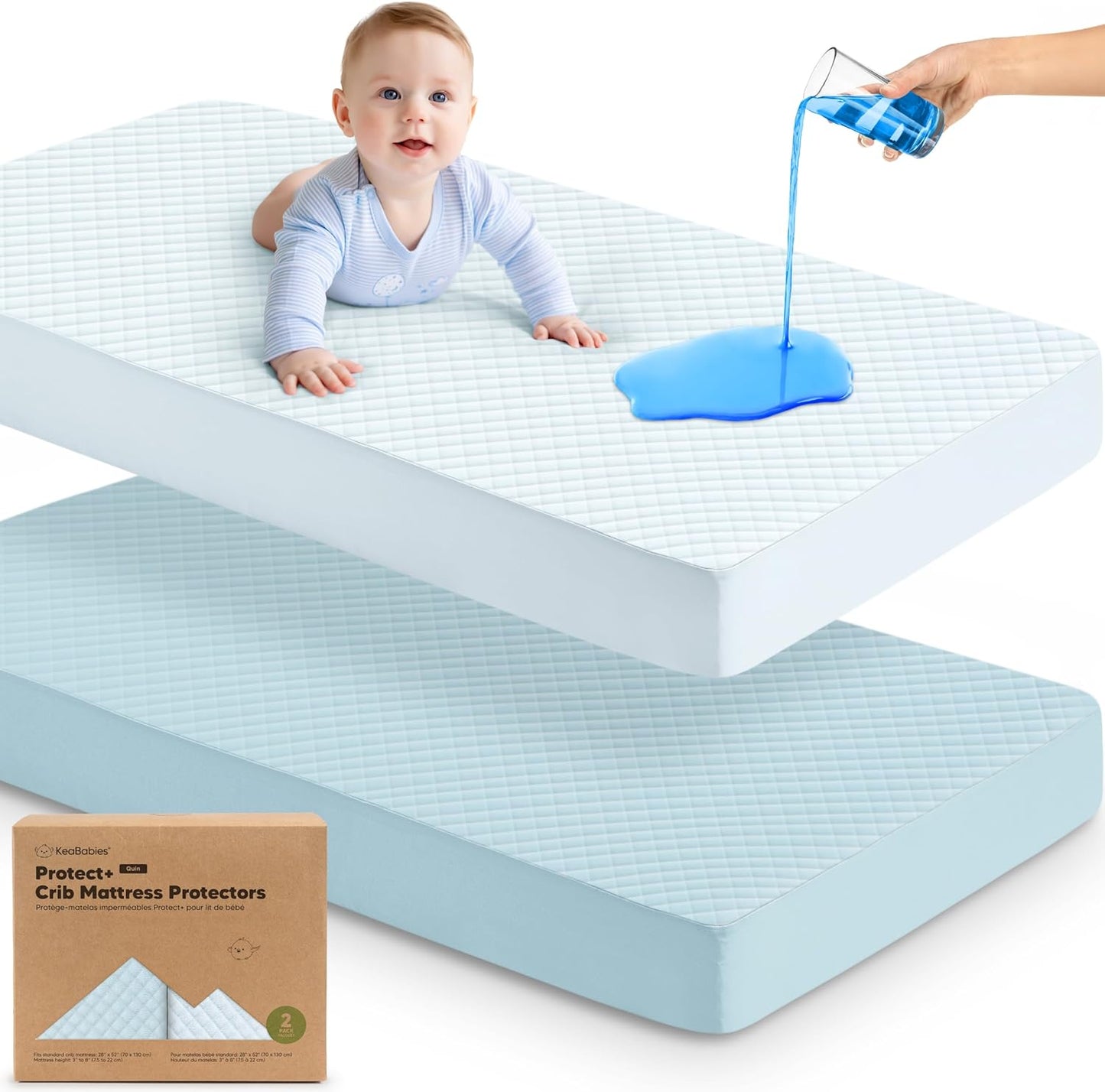 Waterproof Crib Mattress Protector Cover Fitted - 2-Pack Quiet Baby Crib Mattress Pad Sheets, 52" x 28" Soft Quilted Cotton Baby Sheet, Machine Washable, Easy Fit, Durable (Glacier/Quin)