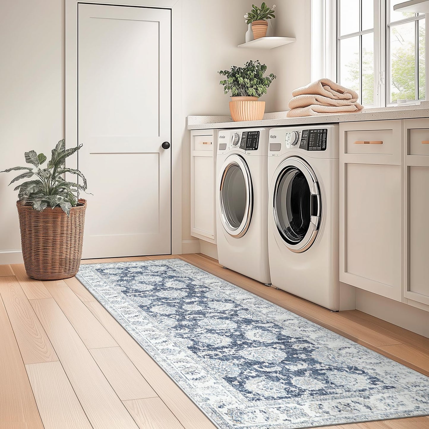 jinchan Runner Rug 2x7 Machine Washable Hallway Rug Dark Blue Vintage Floral Print Non-Slip Low Pile Ultra-Thin for Kitchen,Entryway,Laundry Room,Bedroom,Farmhouse (2‘x7’,Dark Blue)