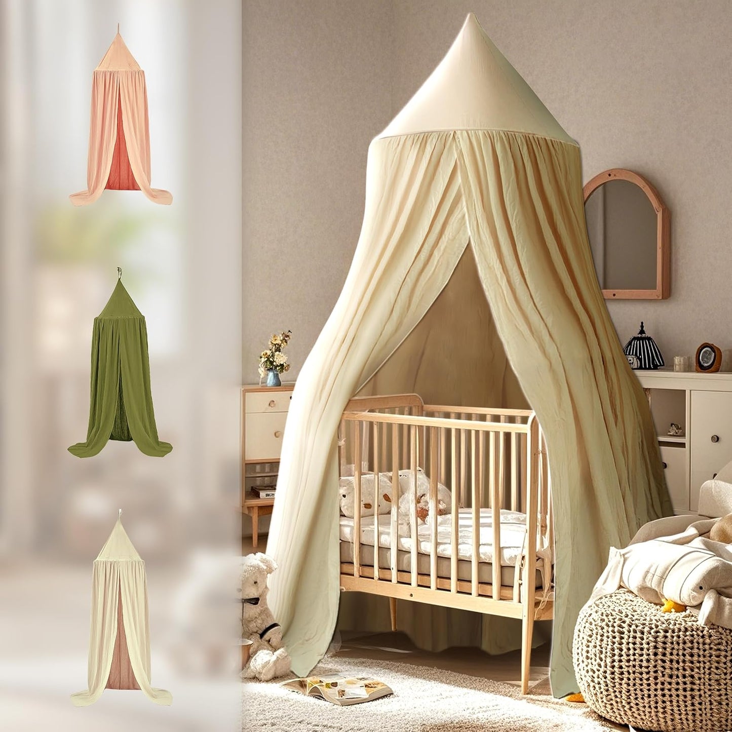 Cotton Kids Bed Canopy, Nursery Room Baby Crib Hanging Curtain Mosquito Net Hideaway Bedding Children Reading Nook Decoration, Pastel Neutral Color for Boys & Girls (Beige)