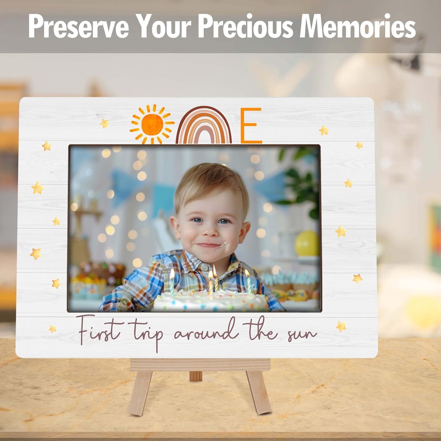 My 1st Birthday Picture Frames, Boho Rainbow Wooden 4x6 Photo Frame with Easel, Baby First Year Birthday Gifts for Home Office Tabletop Display Decorations - G07