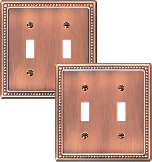 2-Pack Double Toggle Light Switch Cover Plate, Pearls Decorative Dual Switch Plate Covers, Antique Copper 2 Gang Metal Wall Plate, Corrosion Resistant