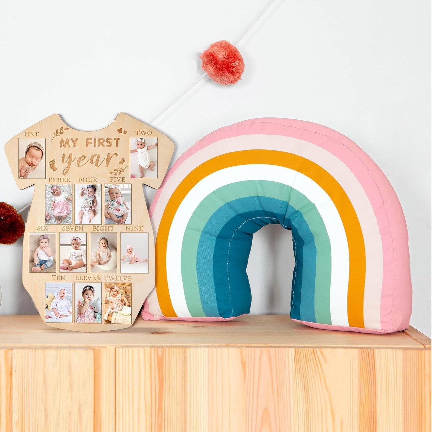 R HORSE My First Year Photo Display Wood Board, Baby’s First Year Picture Frame 12 Months Milestone Sign Bodysuit Shape 1st Birthday Photo Frame Baby Keepsake Board Nursery Decor Gift for Boy Girl