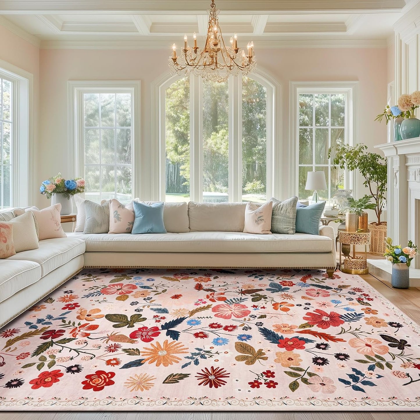 Beige Pink 8x10 Area Rugs for Living Room Boho Vintage Floral Washable Large Rug Low Pile Non Slip Stain Resistant Cottagecore Carpet Rug for Bedroom Dining Room Kids Playroom Dorm Spring Decor
